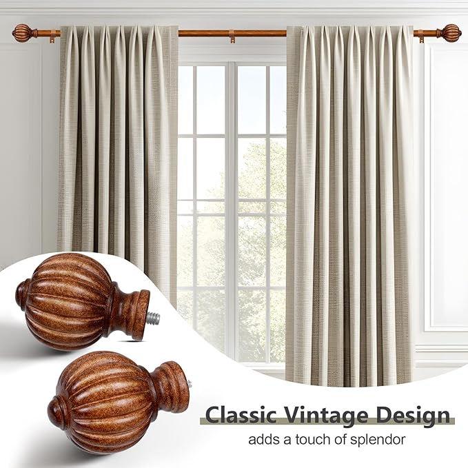 Dark Brown Wood Curtain Rods for Windows 28 to 48 Inch, 1'' Adjustable Heavy Duty Curtain Rod,Vintage Imitation Wood Decorative Drapery Rods with Pumpkin Finials for Bedroom Living Room