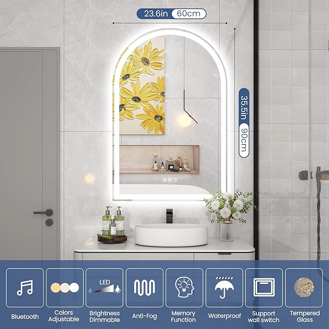 STARLEAD 36"x24" LED-Bathroom-Mirror-with-Lights, Wall-Mounted with Bluetooth Speaker, Anti-Fog, 3 Color Temperature, Dimmable Brightness, Waterproof, Tempered Glass, Frontlit & Backlit, Arched