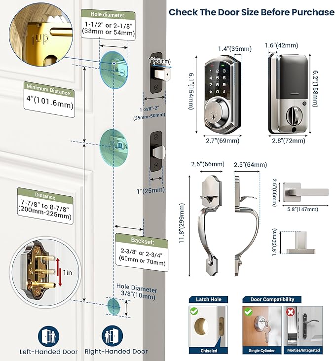 Veise VE06-H Smart Front Door Lock Set, App Control, Keyless Entry Deadbolt with Lever Handle, Electronic Digital Touchscreen Keypad, Auto Lock, Easy Install, Satin Nickel