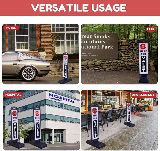 2-Pack Valet Parking Signs with Water-Filled Base, 32.8" x 9.4" Reflective Double-Sided Sheet, Reflective Traffic Sign for Parking Lots