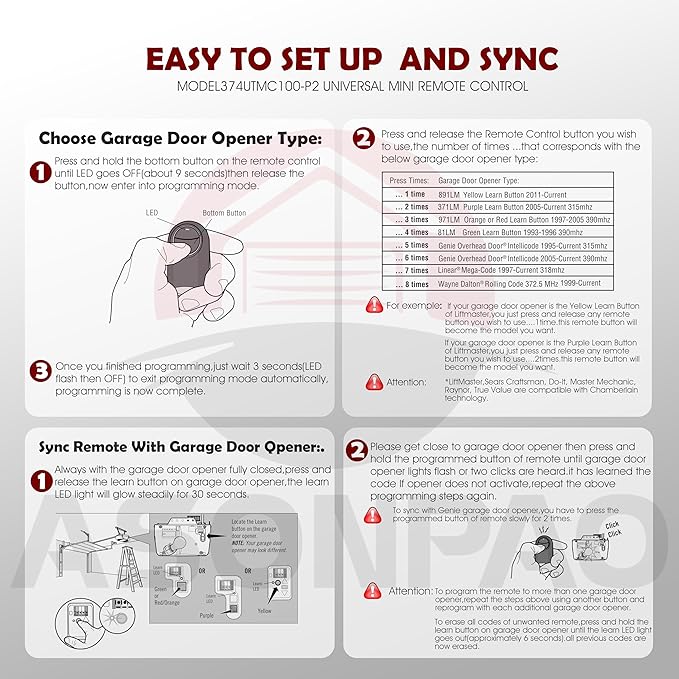 LiftMaster 374UT 2-Button Mini Universal Garage Door Opener Remote - Pack of 2【3-Year-Warranty】