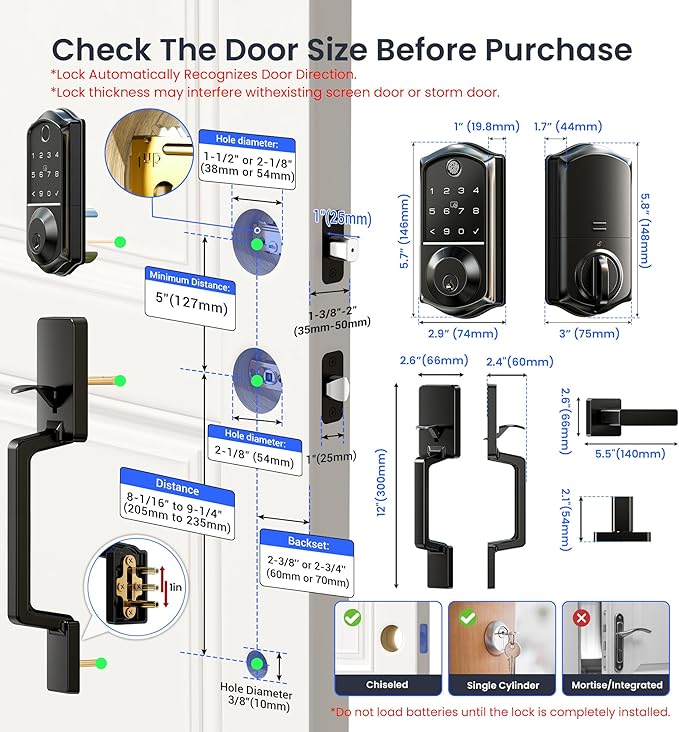 Veise VE017-D Fingerprint Smart Front Door Lock Set, App Control, 8-in-1 Keyless Entry Deadbolt with Lever Handle, Emergency Power Port, Auto Lock, Touchscreen Keypad, Easy Install, Matte Black