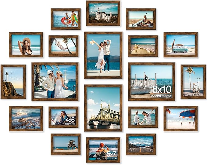 decorUhome Assorted Picture Frames Collage Wall Decor for Photo Gallery Display Set of 20 Including Four 8x10 / Eight 5x7 / Eight 4x6 for Family Wall Decor, Distressed Brown, 20 Pack