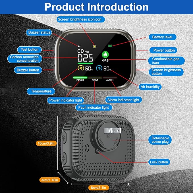 New 4 in 1 Carbon Monoxide Detectors Plug in with Battery Backup, Portable Natural Gas Leak Detector & Carbon Monoxide Alarm, Combustible Gas Detector, Dual Sensor CO Gas Detector for Home,RV,Travel