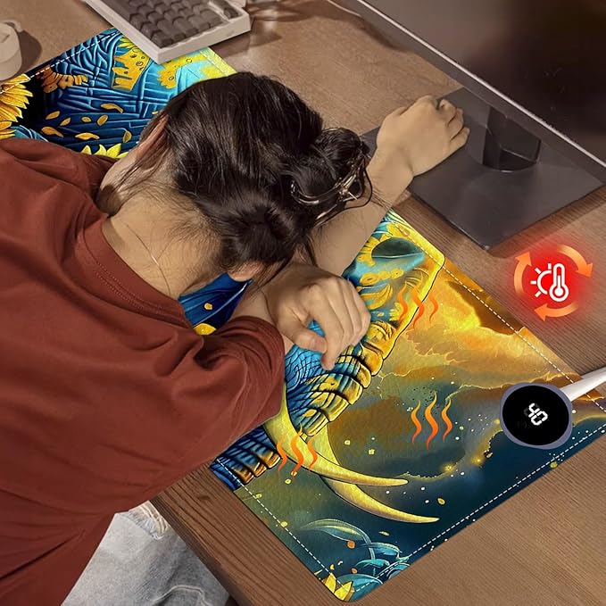 Heated Mouse Pad, Warm Desk Pad, Keyboard Mat 31.5 x 13 Inch Large Size Intelligent Fast Heating, 3 Speed Adjustable, Timed Auto Power Off for Game Office Home,Elephant in Sunflower Field