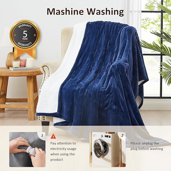Heated Electric Blanket Twin Size - 62"x84" Flannel Heating Blanket with 10 Heating Levels & 5 Time Settings Over-Heat Protection, Winter Warmer for Adults with ETL Certification(Navy Blue)