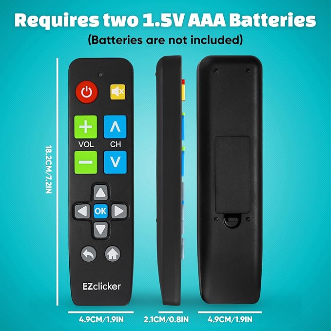 Big Button Universal TV Remote (Black) Simple Easy to Use, Great for Seniors, Works with Major TV Brands (2xAAA Batteries Not Included)