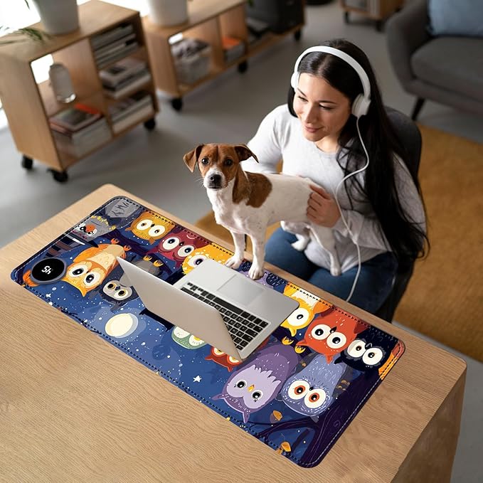 Heated Mouse Pad with 3 Temperature Settings(104°F–122°F),Large 31.5x13 Inch PU Leather Heated Desk Mat,Waterproof Warming Pad for Office,Gaming & Cold Hands Relief,Colorful Night Owls