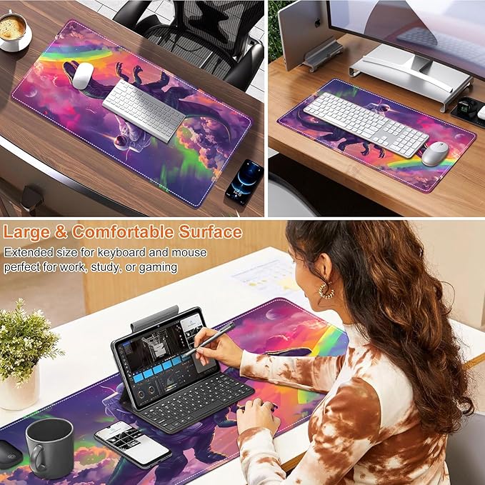 Heated Mouse Pad for Desk 31.5" x 13" – PU Leather Warm Desk Pad with 3 Heat Levels (104°F/113°F/122°F), Plug-in Electric Heating Mat with Auto Shut-Off, Waterproof & Rollable, Astronaut on Dinosaur