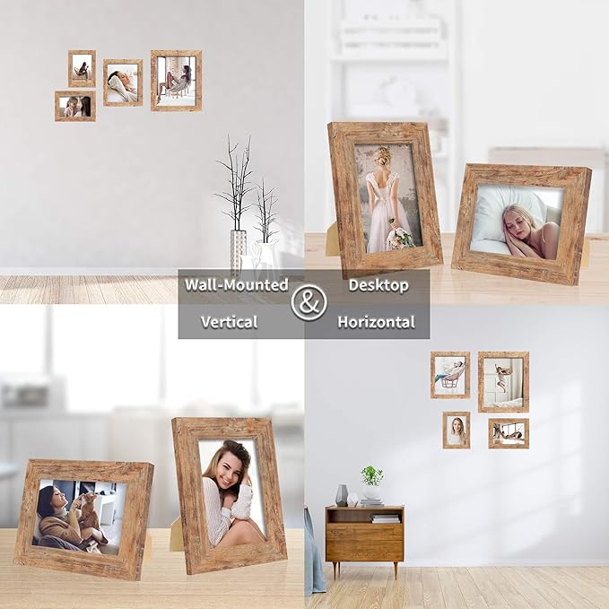 iRahmen 4x6 Picture Frame Set of 4, High Definition Real Glass Rustic Brown Frame, 4 x 6 Wood Photo Frames for Tabletop Display and Wall Mounting