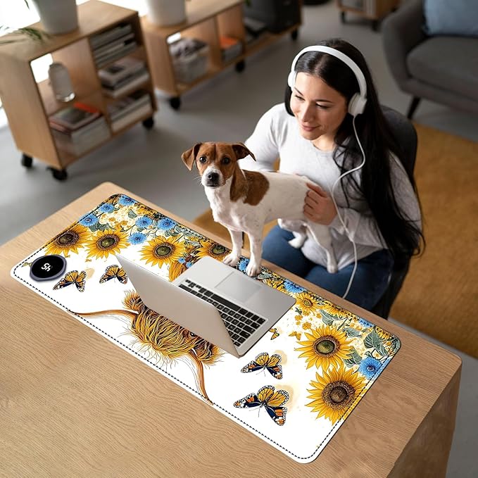 Heated Mouse Pad with 3 Temperature Settings(104°F–122°F),Large 31.5x13 Inch PU Leather Heated Desk Mat,Waterproof Warming Pad for Office,Gaming & Cold Hands Relief,Sunflower Cow