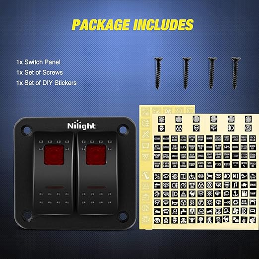 Nilight 2 Gang Rocker Switch Panel 12V 24V DC Red Switches Aluminum 5Pin ON Off PreWired Toggle Waterproof for Cars Boats ATVs UTVs