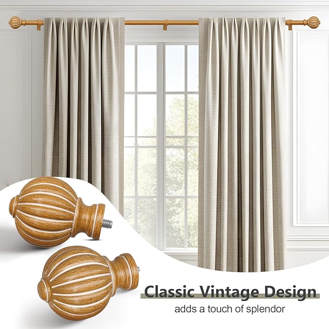 2 Pack Imitation Wood Curtain Rods for Windows 28 to 48 Inch, 1'' Adjustable Heavy Duty Decorative Drapery Rods with Classic Finials, Dark Imitation Wood Window Curtain Pole, Size 18-45''