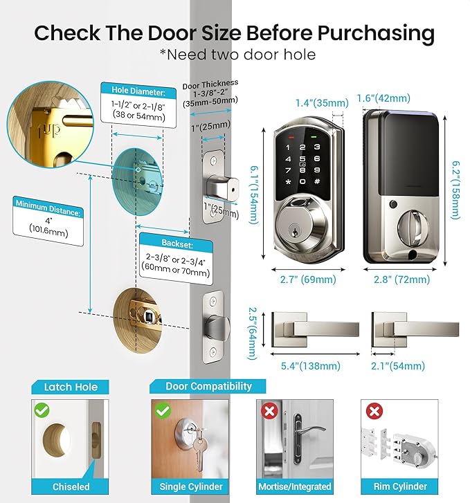 Veise VE07-L Fingerprint Smart Locks for Front Door with Zinc Alloy Handle Set, App Control, Keyless Entry, Electronic Digital Keypad Deadbolt, Auto Lock, Waterproof, Easy to Install, Satin Nickel