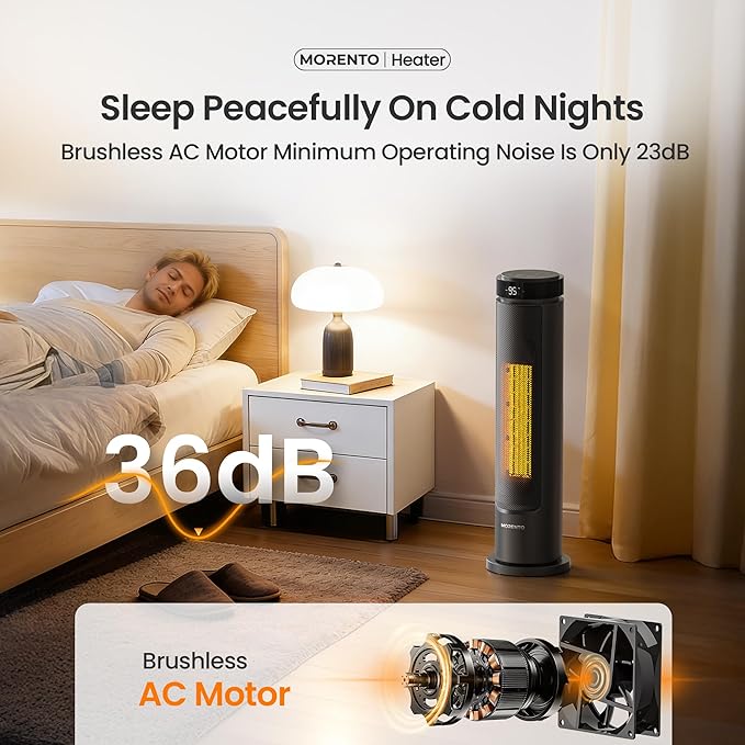 MORENTO Space Heater for Indoor Use, 1500W Ceramic Fast Heat, Electric Space Heater for Large Room with Remote, Thermostat, Digital Display, 5 Modes, 12H Timer, 70° Oscillation, 23dB Black 1 Pack
