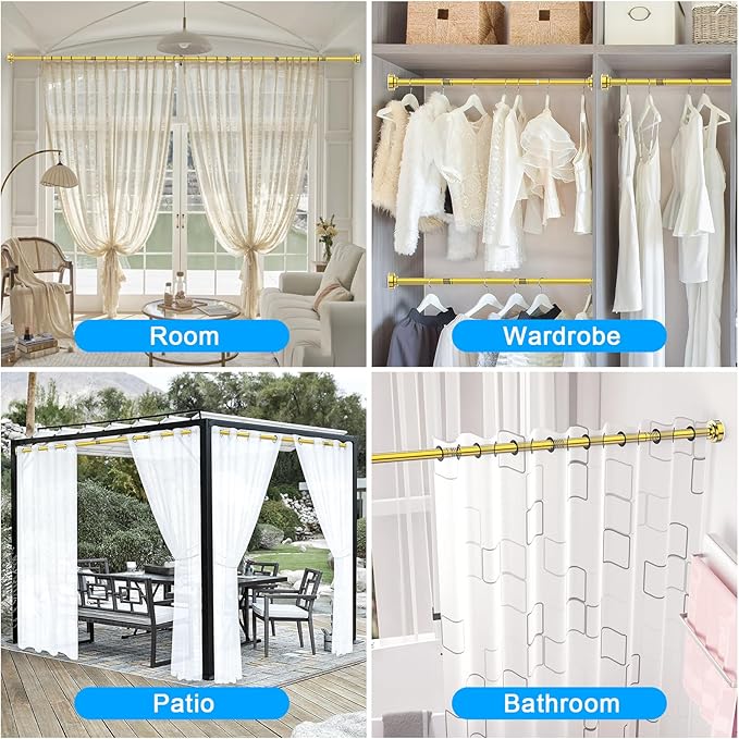 TEECK Shower Curtain Rod, 27-76 inch Adjustable Spring Tension Curtain Rod, Never Rust Anti-Slip Shower Curtain Rod for Bathroom, No Drilling, Never Collapse, Easy to Use, Gold