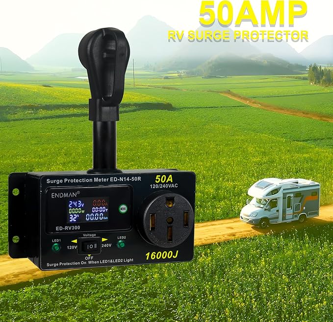 RV 50 Amp Surge Protector AC Power Meter,16000Joules 240V NEMA 14-50P LCD Dispaly KWH,Voltage Monitor with LED Display,10AWG Cable