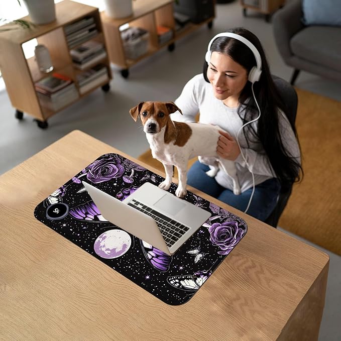 Heated Mouse Pad with 3 Temperature Settings(104°F–122°F),Large 24x14.2 Inch PU Leather Heated Desk Mat,Waterproof Warming Pad for Office,Gaming & Cold Hands Relief,Purple Butterfly Flower