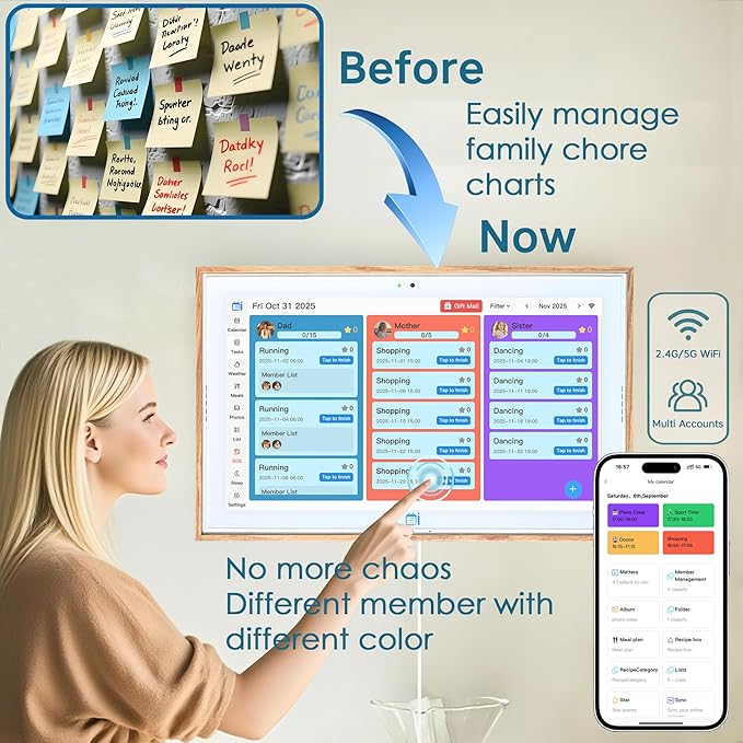 USIN 15.6 inch Wooden Digital Calendar, Wall Touch Screen Home Organizor, Family Chore Charts and Meal Planner, Interactive Display schedule, Desk and Wall Mounted, Electronic Calendars with Free App