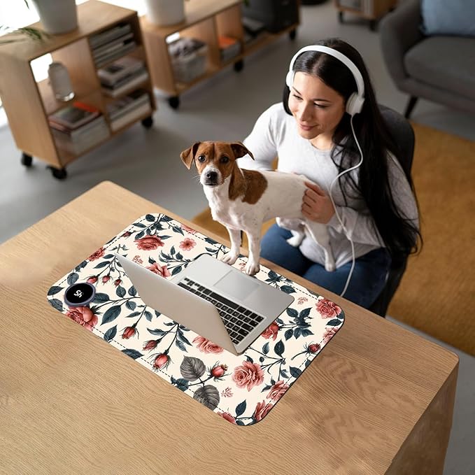 Heated Mouse Pad with 3 Temperature Settings(104°F–122°F),Large 24x14.2 Inch PU Leather Heated Desk Mat,Waterproof Warming Pad for Office,Gaming & Cold Hands Relief,Retro Flowers