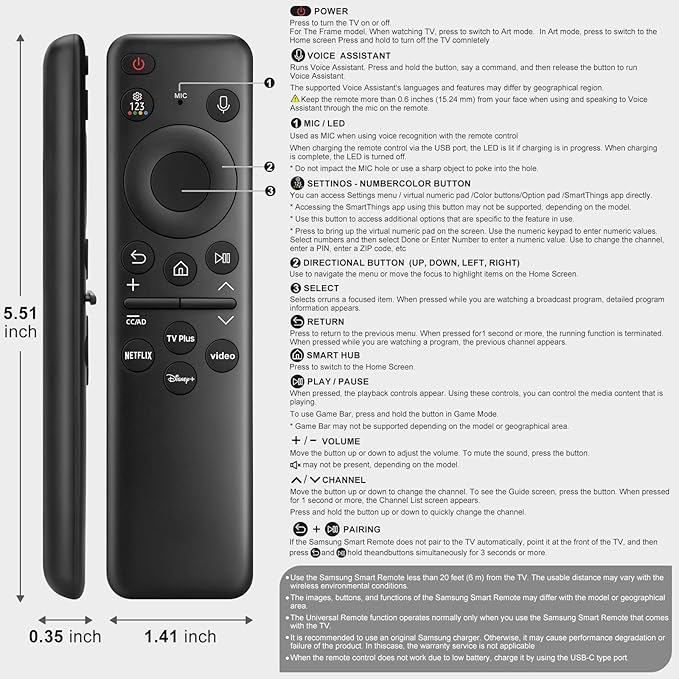 Rechargeable Voice Remote for Samsung-TV-Remote-Control-Replacement Compatible with Samsung Smart Frame Curved QLED TVs