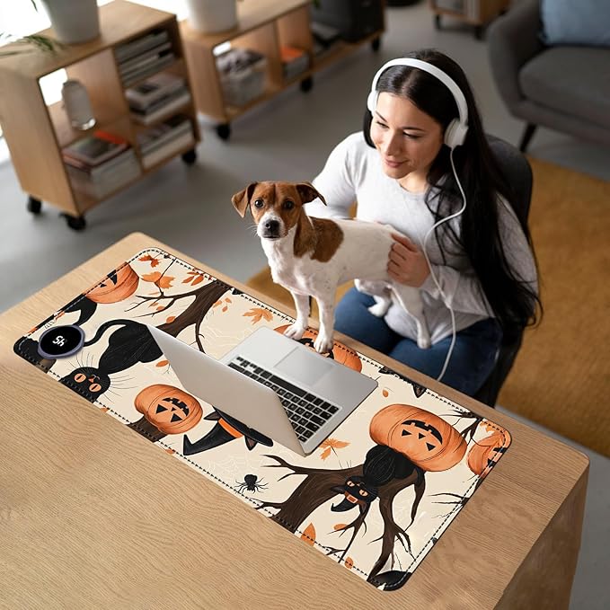 Heated Mouse Pad with 3 Temperature Settings(104°F–122°F),Large 31.5x13 Inch PU Leather Heated Desk Mat,Waterproof Warming Pad for Office,Gaming & Cold Hands Relief,Black Cats Pumpkins