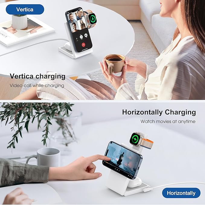 Wireless Charging Station with 20W USB C Adapter, 3 in 1 Magnetic Foldable Travel Charger Stand for iPhone 17 16 15 14 13 Series, Compatible with Apple Watch 11/10/9/8/7/6/5/4/3/2/SE/Ultra 2/Airpods 4
