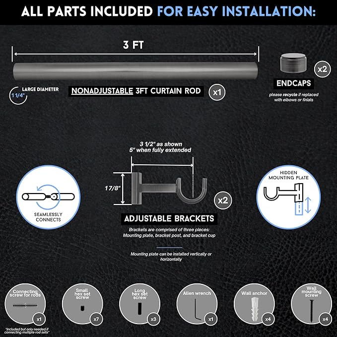 BlastHome® Non-Adjustable Luxury Curtain Rods for Windows, 1 ¼” Rod Set, 3 foot Fixed Length, Gunmetal/Pewter
