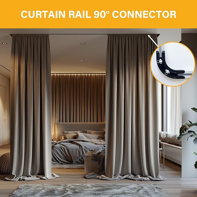 90° Curved Connectors for Ceiling Curtain Track, Ceiling Track for Curtains, Track Curtains Ceiling Mount/Wall Mount, Room Divider Curtains Tracks(Black 2 PCS).