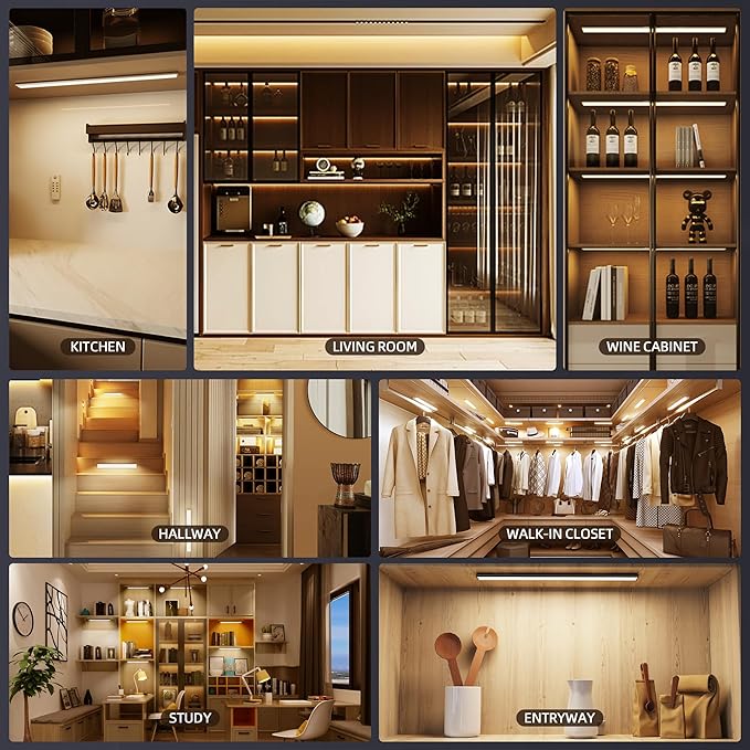 66 LED Under Cabinet Lights Wireless with Full Lighting,Rechargeable Closet Lights with Remote and Motion Sensor Indoor,Under Counter Light with CCT and Dimmable for Kitchen,Stair(5 Pack,7.87inch)