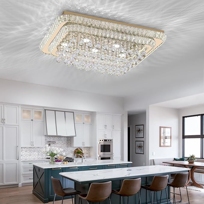 32 inch Crystal Flush Mount Gold Chandelier Remote/APP, Modern Raindrop LED Ceiling Light, 3CCT Dimmable & Brightness Adjustable,Elegant Chandeliers for Bedroom Hallway Dinning Room Living Room