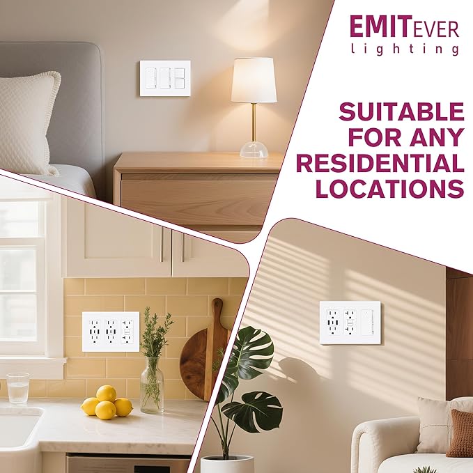 EMITEVER 3-Gang Screwless Decorator Wall Plate Cover for Receptacle Outlet & Light Switch, Standard Size 4.53"H x 6.38"W, Unbreakable Thermoplastic Faceplate, UL Listed, Matte White 5-Pack