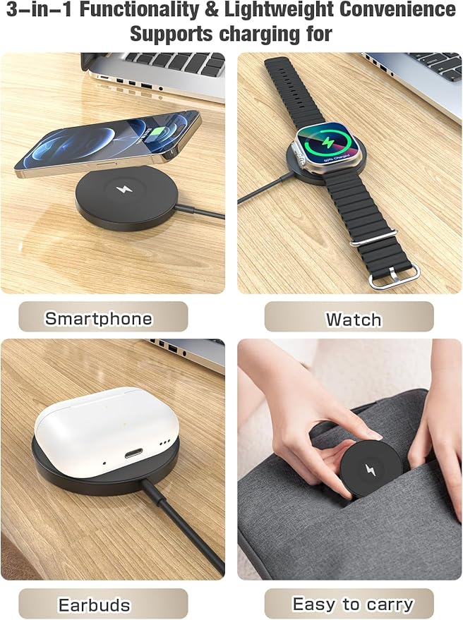3-in-1 Magnetic Wireless Charging Pad with 15W Fast Charging for iPhone 17/16/15/14/13/12 Series, Apple Watch & AirPods, Compatible with MagSafe, for Bedside Desk Travel Home Office (Black)