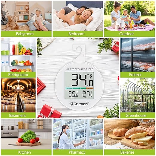 Geevon Small Digital Refrigerator Thermometer 10 Pack, IP65 Waterproof Commercial and Home Use, Max/Min Record Function with LCD Screen, Stand and Magnetic Back, for Fridge, Freezer Scenarios