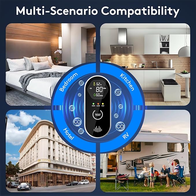 3-in-1 Carbon Monoxide Detectors with Temp & Humid, Plug in, 85dB Audible & Visual CO Alarm, LCD Digital Display, Easy to Install,Test Button, Portable for Bedroom/Office/Camper, Gives Peace of Mind