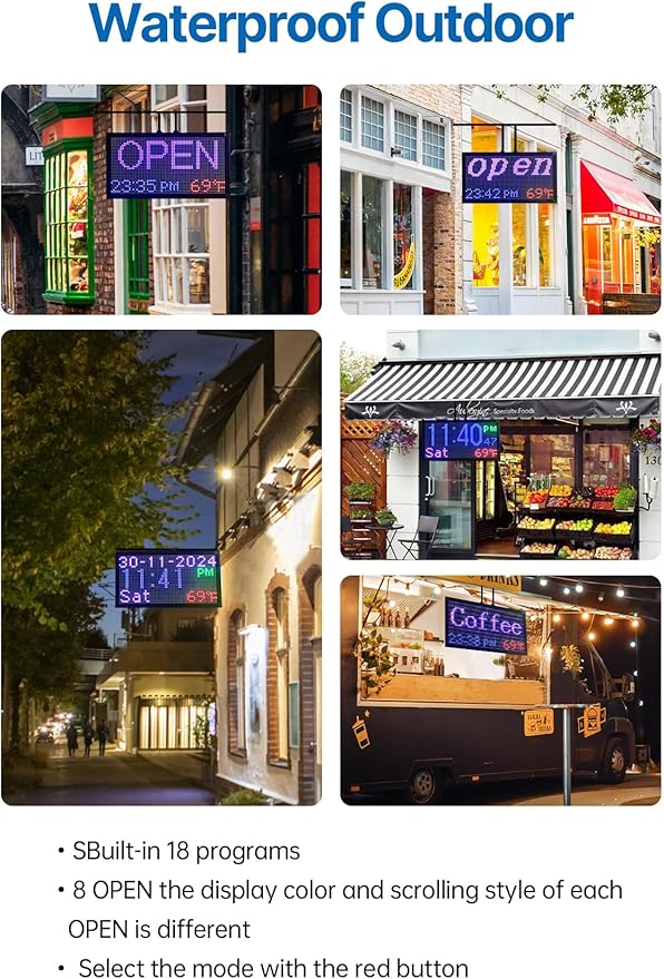16.5x9 Inch Weatherproof LED Open Closed Sign with Remote Control, Digital Clock & Temperature Display - Customizable Business Hours Sign for Stores, Restaurants, Retail Shops