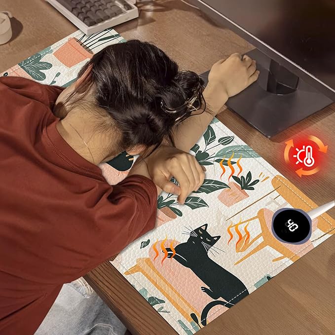 Heated Mouse Pad, Warm Desk Pad, Keyboard Mat 23.6 x 14 Inch Large Size Intelligent Fast Heating, 3 Speed Adjustable, Timed Auto Power Off for Game Office Home, Cartoon Cat Bed