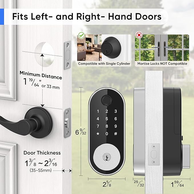Bluetooth Fingerprint Smart Deadbolt Lock with Keypad – Fits Most US Doors, DIY Install, Keyless Entry: Code, FOB, Auto-Lock. Ideal for Home, Airbnb & Rental, Kids & Seniors. Alexa & Google Compatible