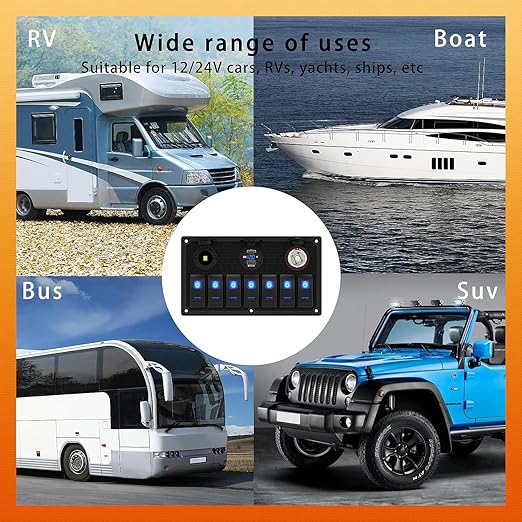 Marine Boat Rocker Switch Panel,Waterproof 7 Gang Toggle Switch Panel with Dual USB and Voltmeter Panel for RVs, Cars, Boats, Trucks,Trailers - 12-24V