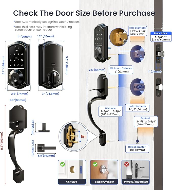 Veise VE017-H Fingerprint Smart Front Door Lock Set, App Control, Keyless Entry Deadbolt with Handle, Smart Deadbolt, Emergency Power Port, Touchscreen Keypad, Auto Lock, Easy Install, Matte Black