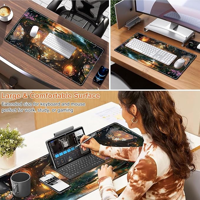 Heated Mouse Pad for Desk 31.5" x 13" – PU Leather Warm Desk Pad with 3 Heat Levels (104°F/113°F/122°F), Plug-in Electric Heating Mat with Auto Shut-Off, Waterproof & Rollable, Glowing Forest