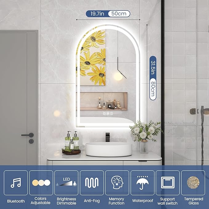 STARLEAD 32"x20" LED-Bathroom-Mirror-with-Lights, Wall-Mounted with Bluetooth Speaker, Anti-Fog, 3 Color Temperature, Dimmable Brightness, IP65 Waterproof, Tempered Glass, Frontlit & Backlit, Arched