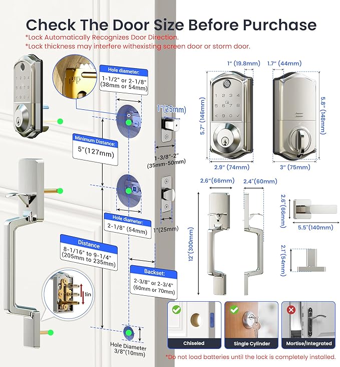 Veise VE017-D Fingerprint Smart Front Door Lock Set, App Control, 8-in-1 Keyless Entry Deadbolt with Lever Handle, Emergency Power Port, Auto Lock, Touchscreen Keypad, Easy Install, Satin Nickel