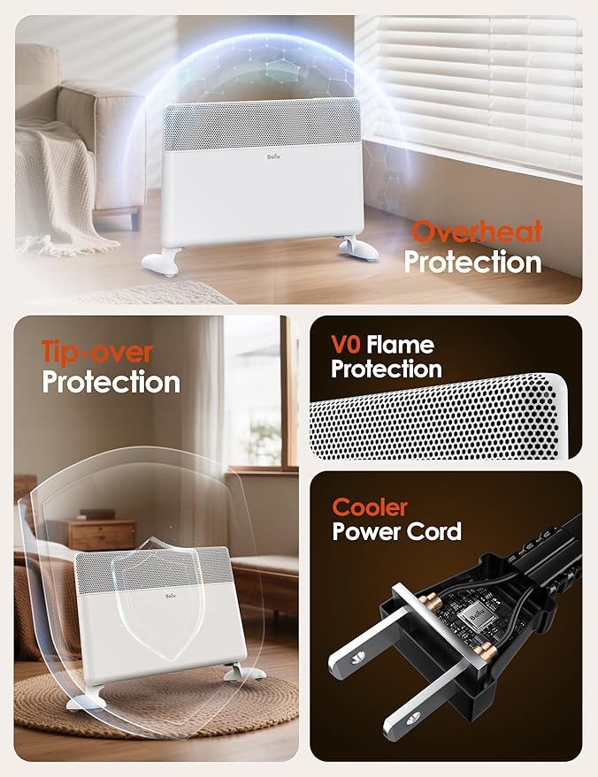 Ballu Convection Panel Space Heater for Large Room,1500W Electric Heater with Programmable Thermostat,WiFi App Control,Standing or Wall Mount,Smart Quiet Heater for Indoor Use,Works with Alexa,White