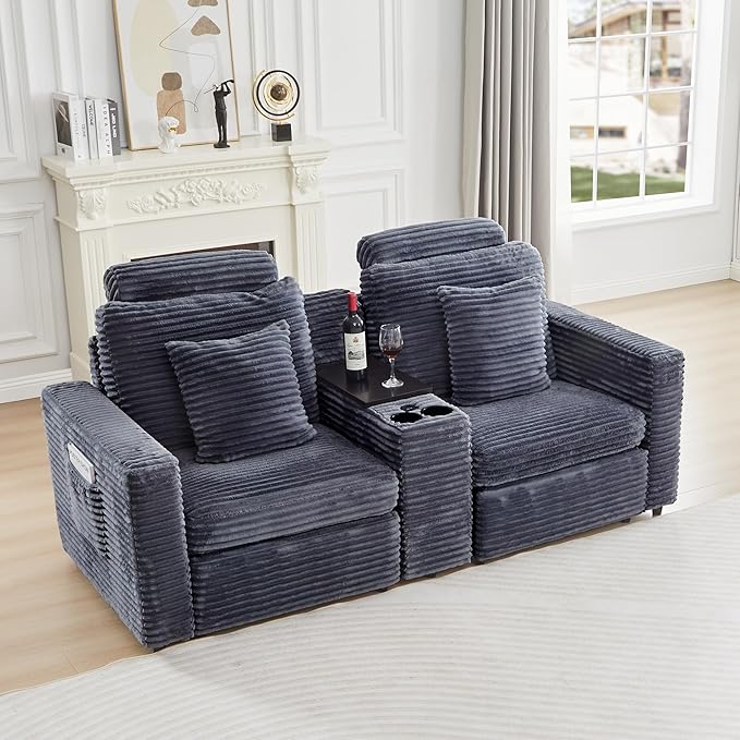 LEVNARY 2-Seater Modular Reclining Sofa with Center Console, Faux Rabbit Fur Power Recliner Loveseat with Cup Holders, USB Charging, Side Pockets & 2 Pillows, Living Room Furniture (Gray)