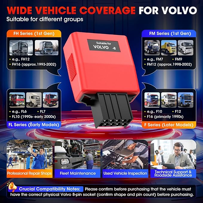 Autel Original MaxiSYS 8-Pin CV Adapter for Volvo, 8 Pins to OBD2 16 Pins for Volvo Off-Highway Cable Connector, Work w/Autel Heavy Duty Truck Scanner MS908CV MS908CV II MS909CV MS906CV MaxiFlash VCI