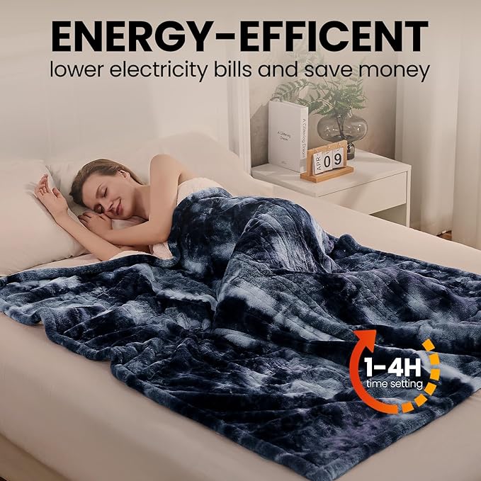 Electric Heated Throw Blanket 50"x60",Luxury Blue Faux Rabbit Fur Electric Blanket,Fast Heating Soft Fluffy Thick Electric Blanket with 6 Heating Levels & 12H Auto Off