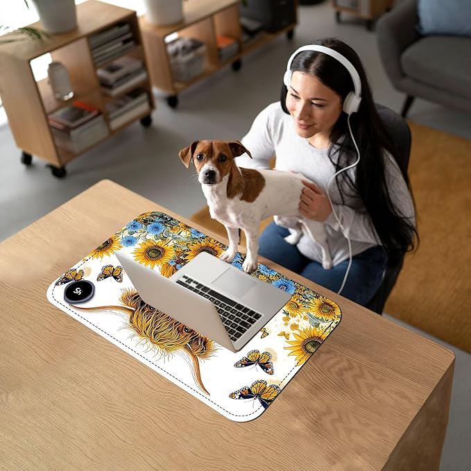 Heated Mouse Pad with 3 Temperature Settings(104°F–122°F),Large 24x14.2 Inch PU Leather Heated Desk Mat,Waterproof Warming Pad for Office,Gaming & Cold Hands Relief,Sunflower Cow