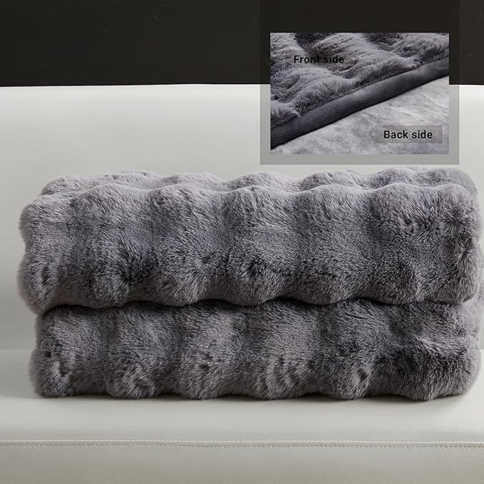 SAPHREAS Faux Fur Throw Blanket for Couch, Fluffy Fuzzy Bubble Blanket for Sofa Bed Living Room, Grey Decor Soft Cozy Gifts for Women Men, 60x80” Gray