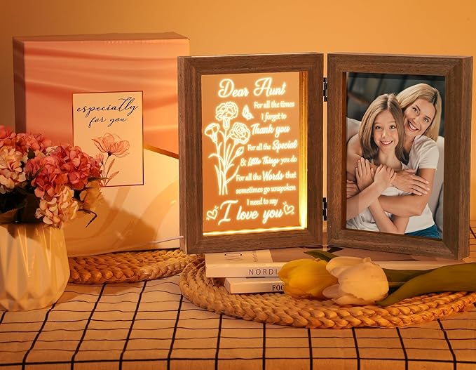 Aunt Gifts from Niece Nephew Aunt Christmas Gifts Auntie Gift, Engraved Night Light with Aunts Picture Frame Solid Wood, Best Auntie Ever Aunts Birthday Gift for Women - 5x7 Photos Table Display
